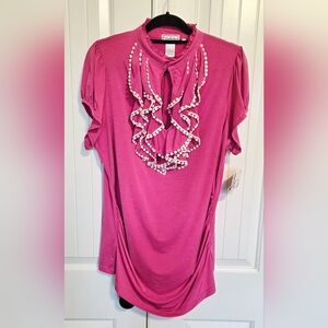 Soulmates Fuchsia Ruffle-Trim Short Sleeve Tunic